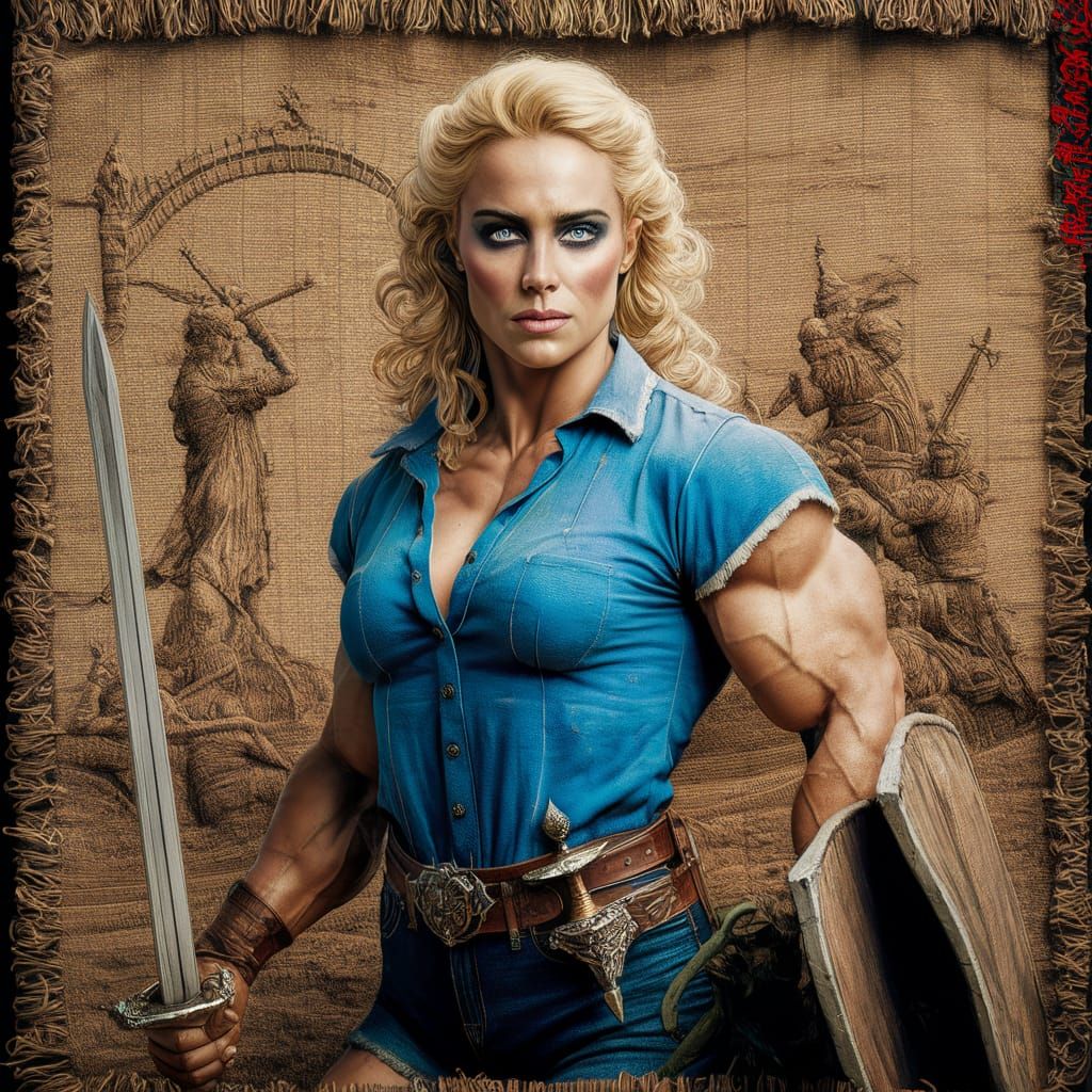 Medieval Tapestry Portrait of a Strong Blonde Warrior
