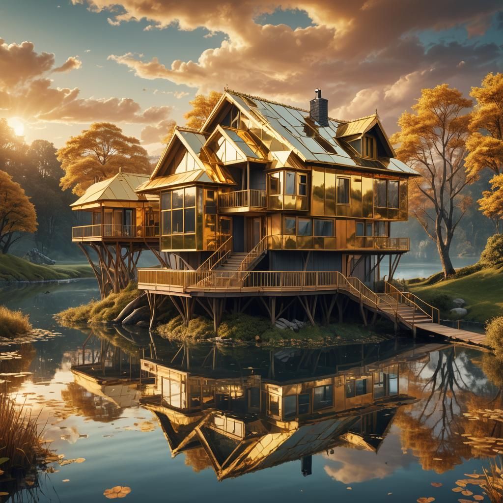 Surreal Gold House by River: Architectural Concept Art