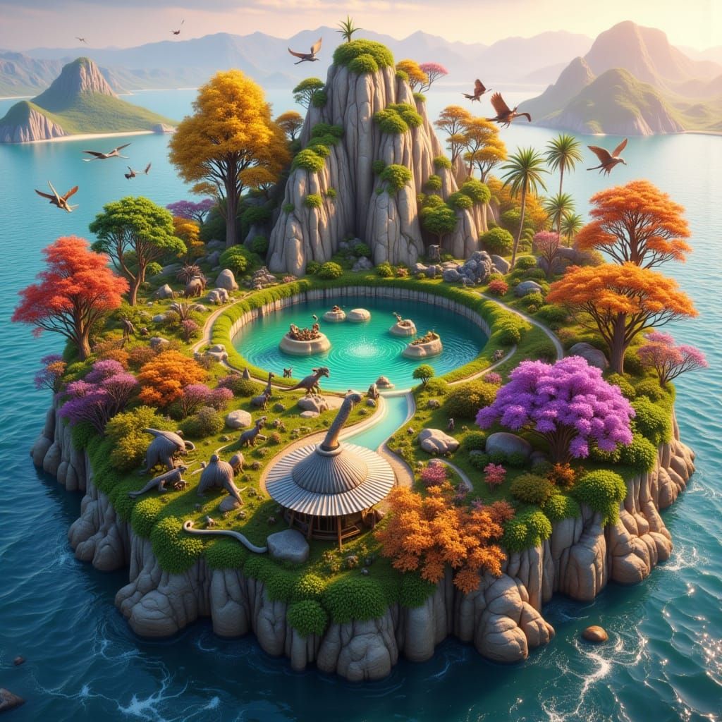 Vibrant Prehistoric Island in 3D Rendering