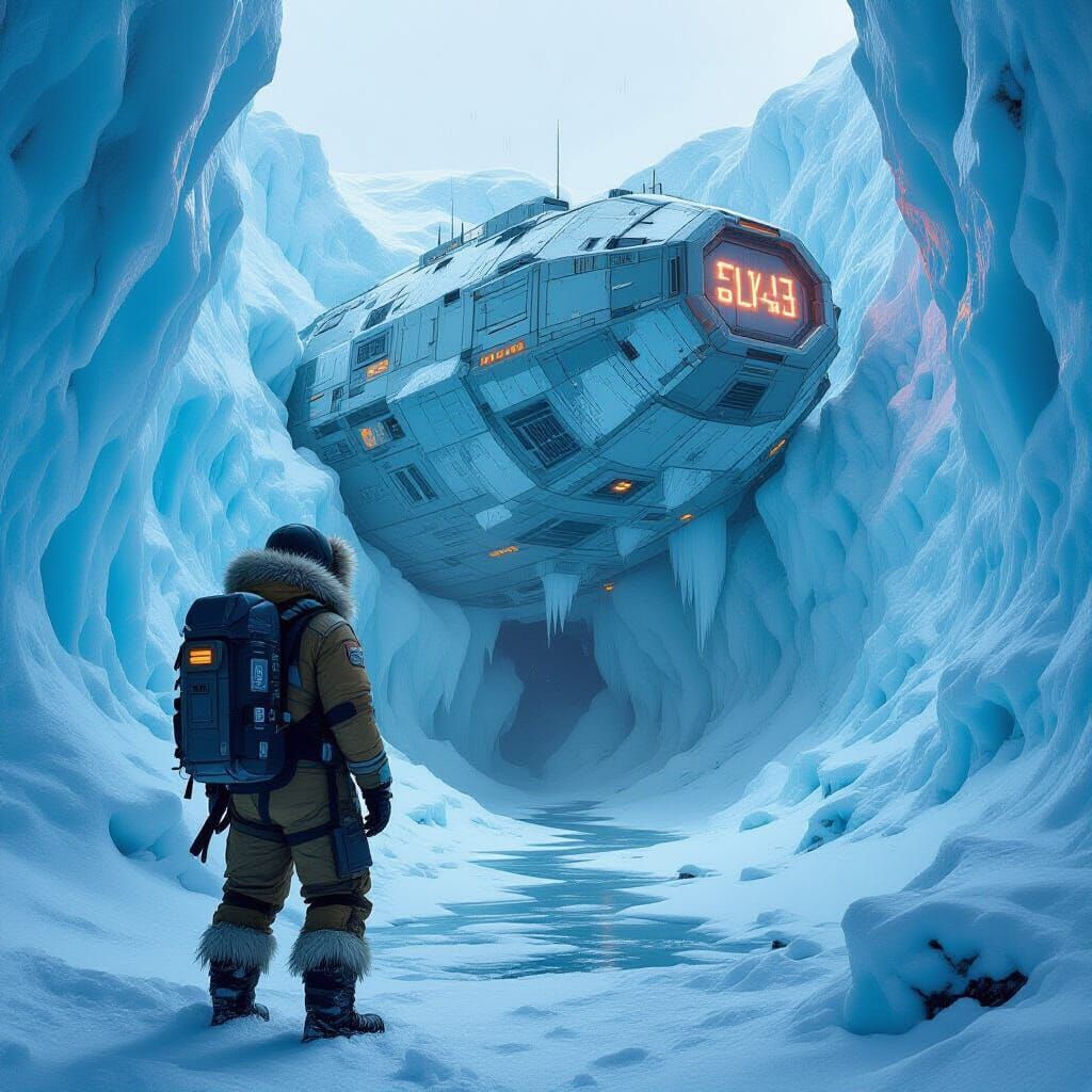 Explorer and Ice-Encrusted Spaceship, Dramatic Lighting