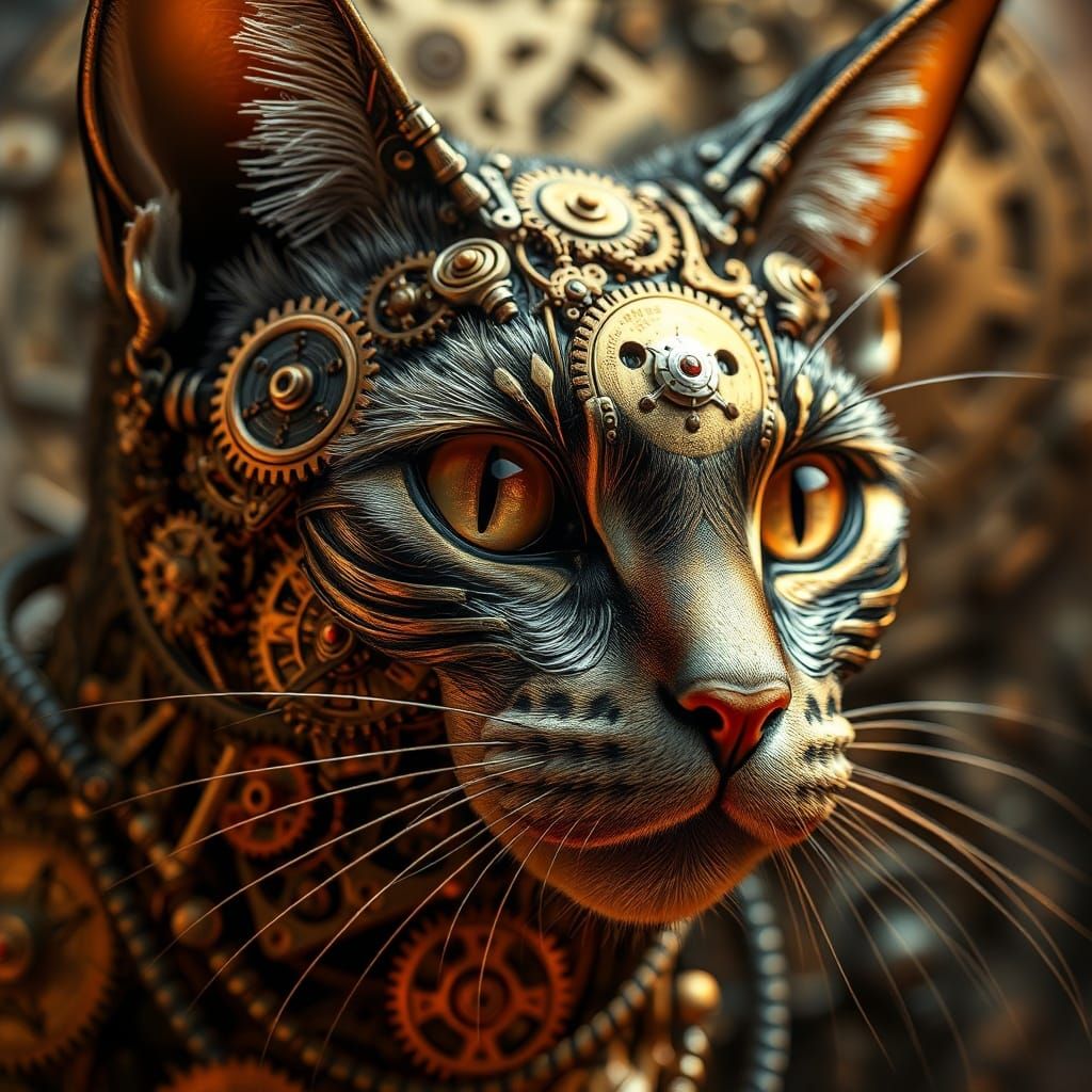 Clockwork Cat Portrait in Renaissance Oil Style