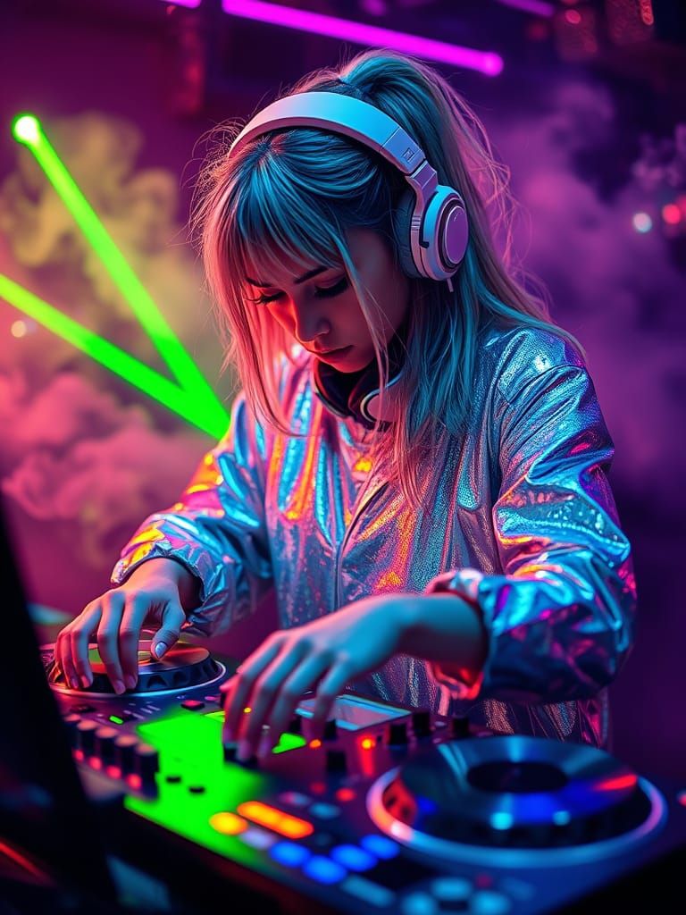 Cypherpunk DJ Girl Mixing Music with Neon Lasers