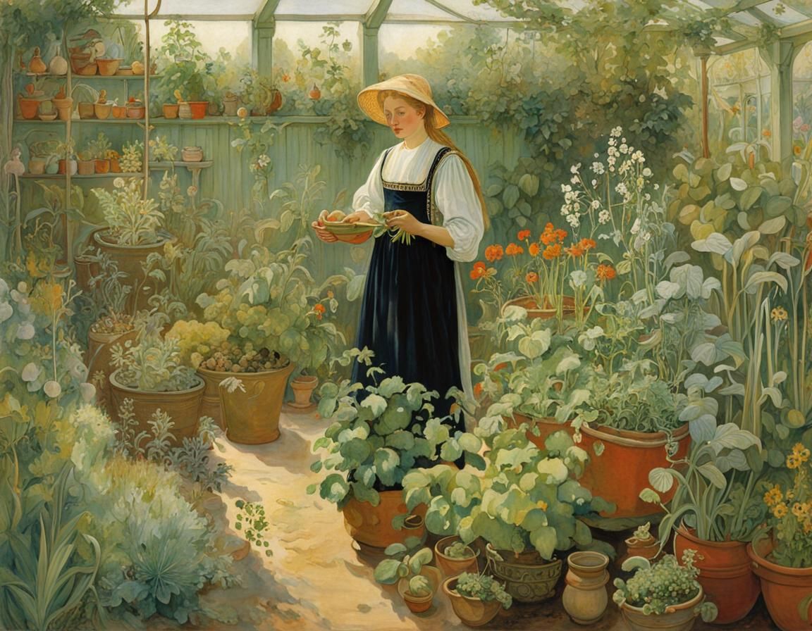 Herb Witch in Garden, Hyperdetailed Digital Art