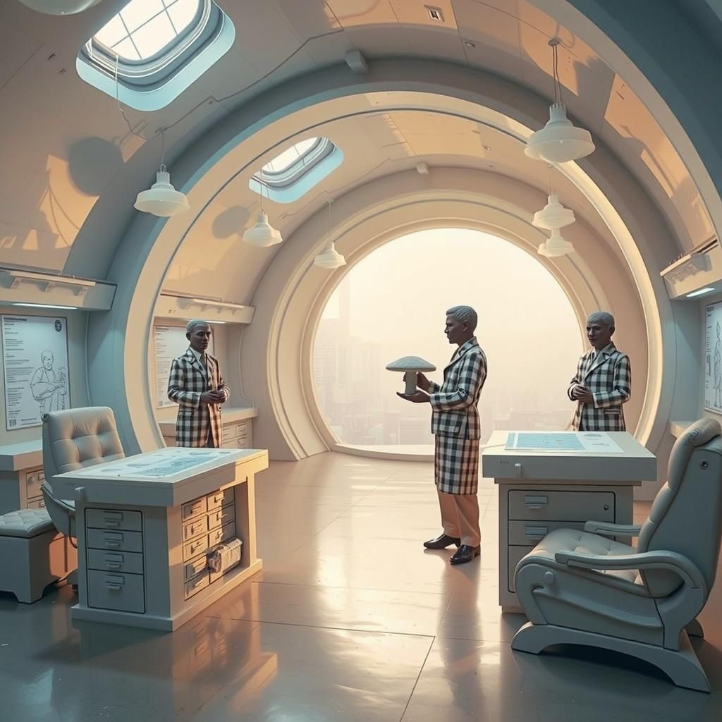 Porcelain Bureaucrats Counting Mushrooms in Dystopian Office