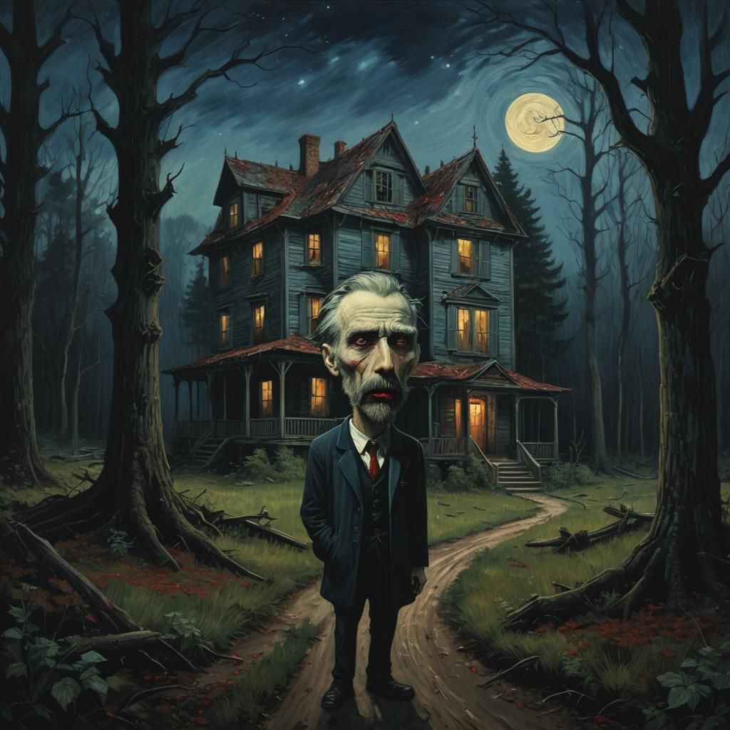 Eerie Host Awaits in Abandoned House, Hyperrealistic Art