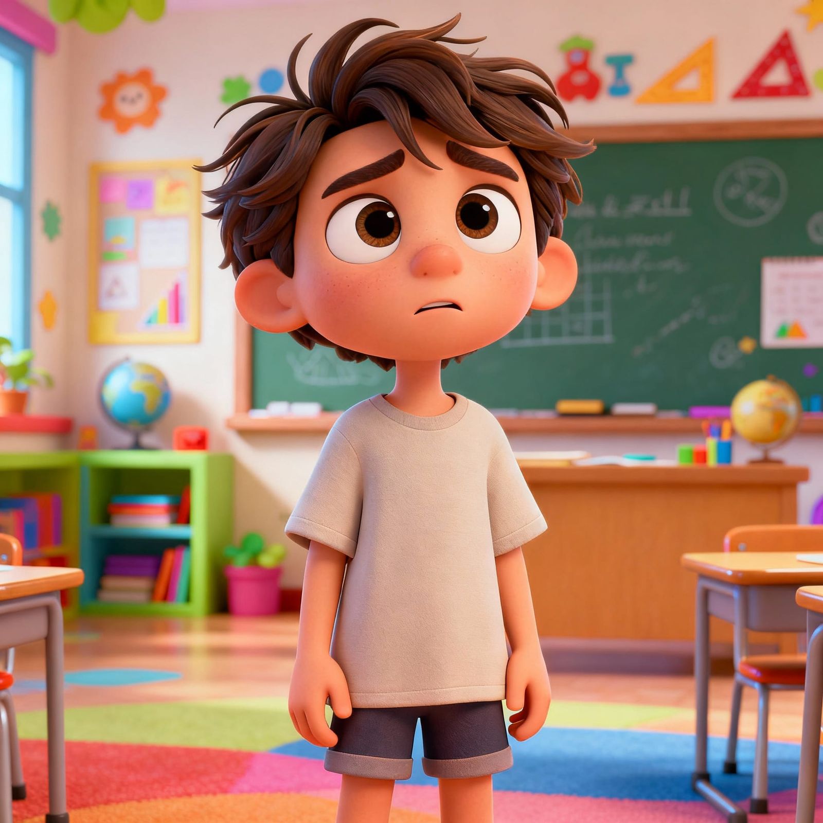 3D Cartoon Character in Whimsical Classroom