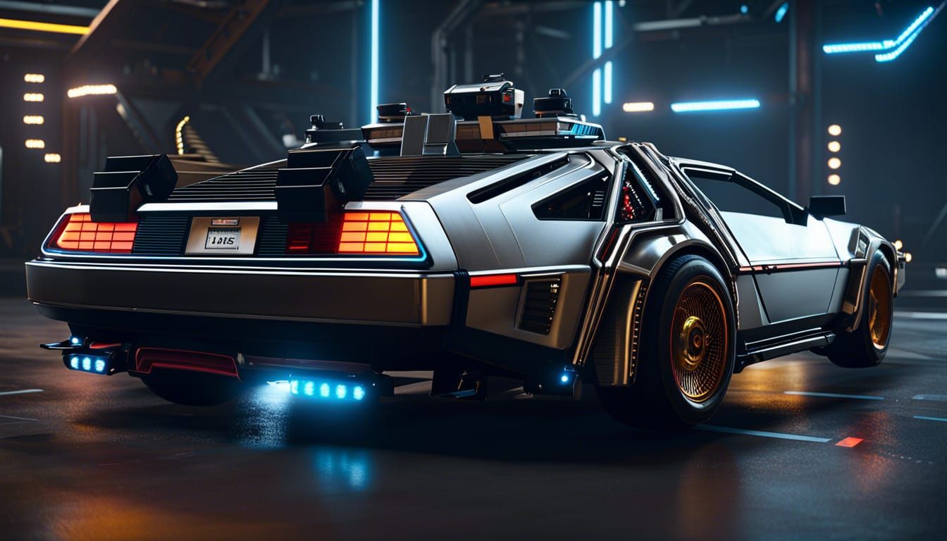 Gravity-Defying DeLorean in 3D Game Cinematic Style