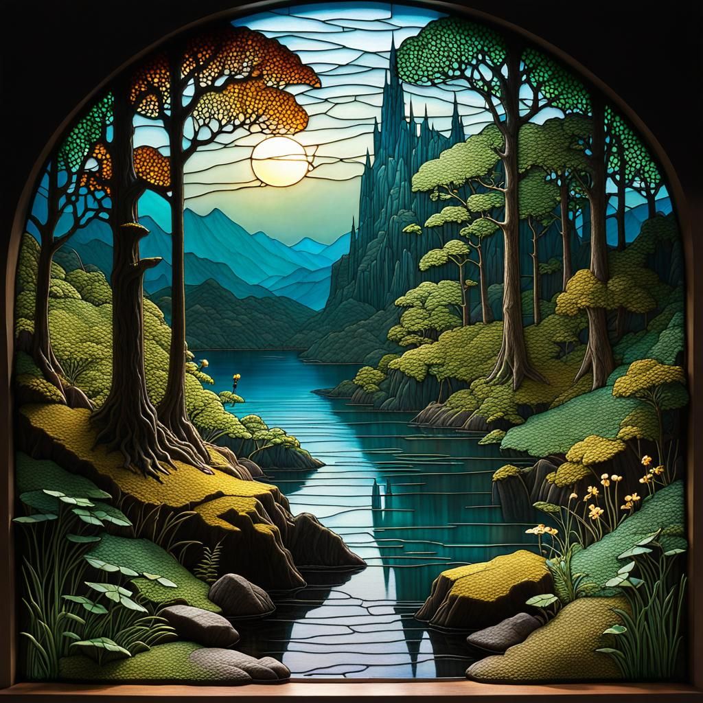 Stained Glass Landscape in 3D Resin Cast Style