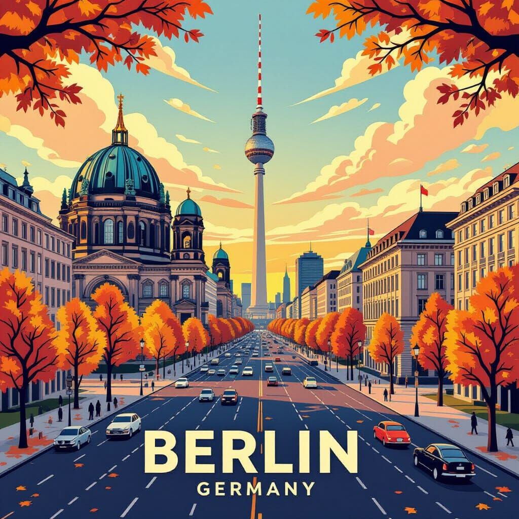 Vibrant Autumn View of Berlin's Fernsehturm in Graphic Style