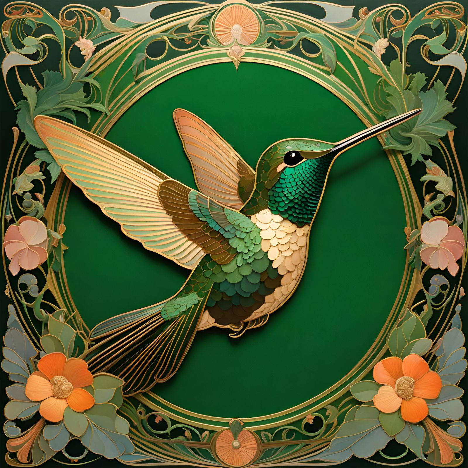 Hummingbird in Art Nouveau Style with Iridescent Highlights