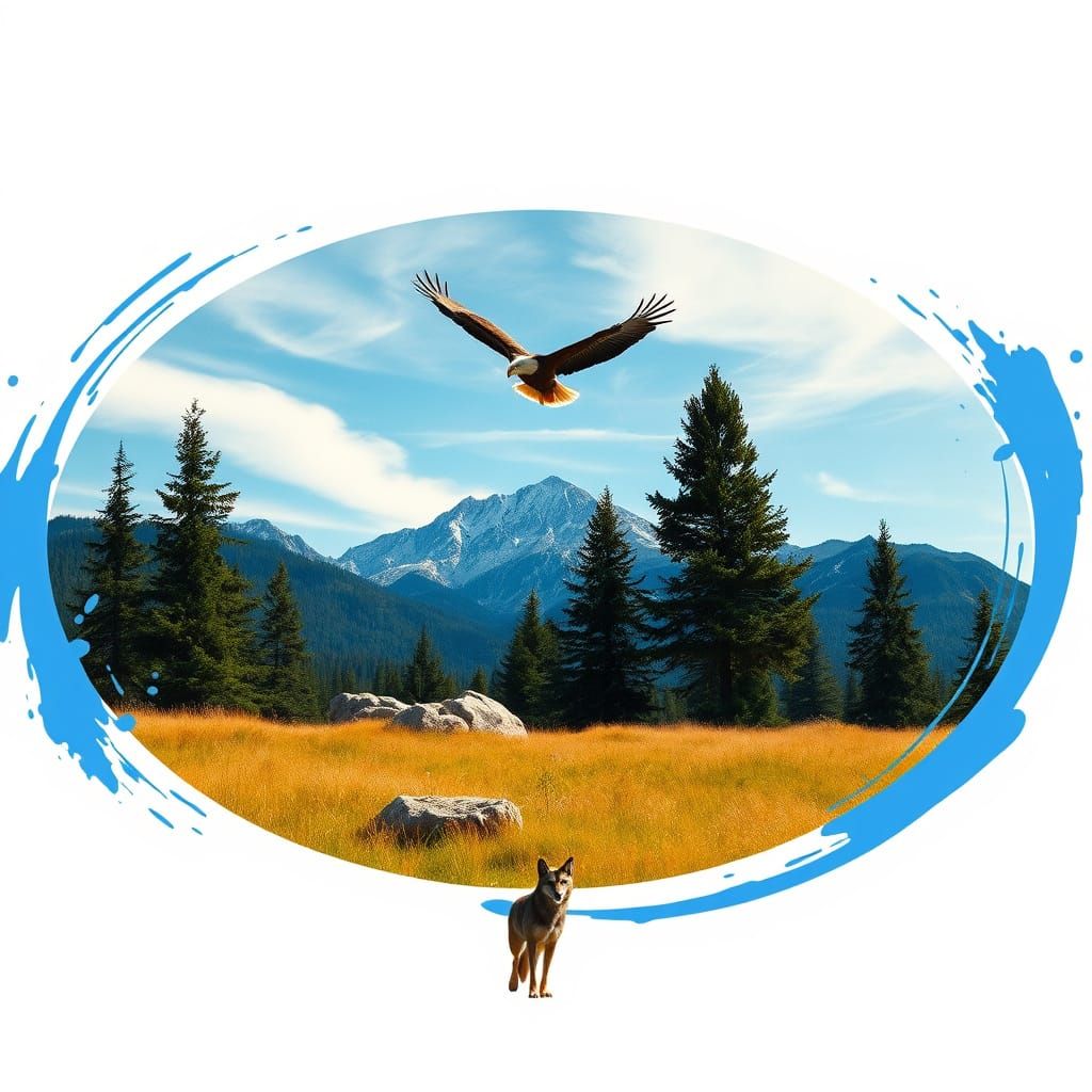 Epic Blue Mountain Landscape with Majestic Eagle and Coyote