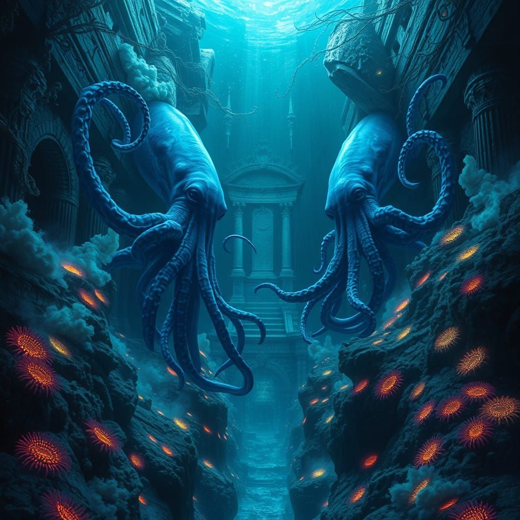 Eerie Underwater Trench with Giant Squid in Dark Realism