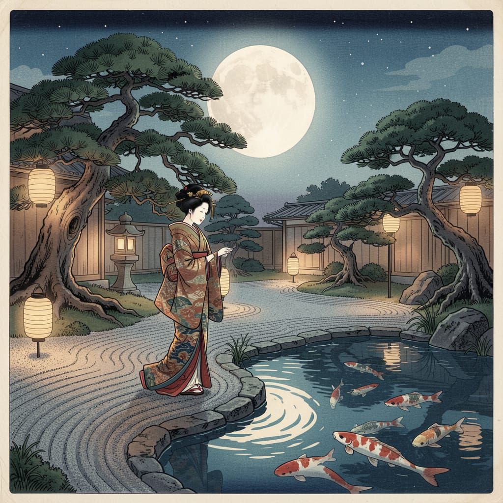 Moonlit Japanese Garden with Geisha in Ukiyo-e Style