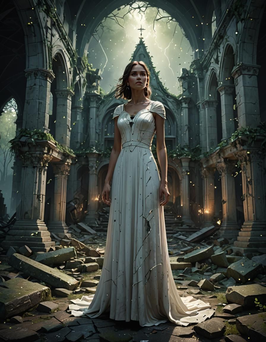 Woman in Ruined Church: Dark Fantasy Concept Art