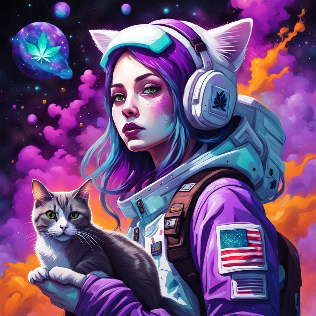 Stoner Girl in Space with Cat, Graffiti Art