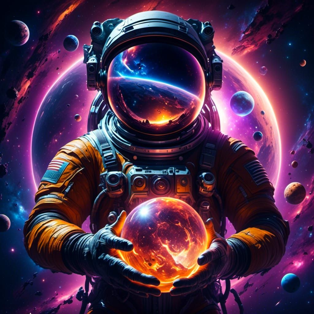 Astronaut Holding a Glowing Orb in Space