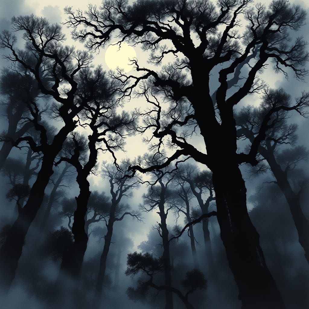 Mystical Forest Moonlight in East Asian Ink Wash Style