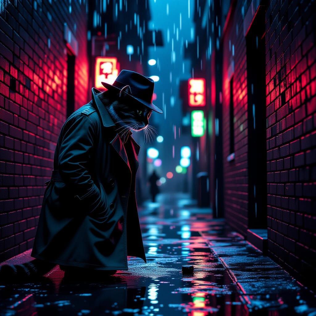 Noir Cat Detective Investigates Crime Scene