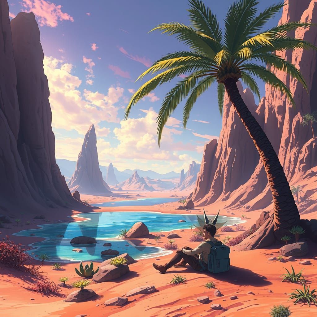 Serene Oasis in Alien Desert Landscape