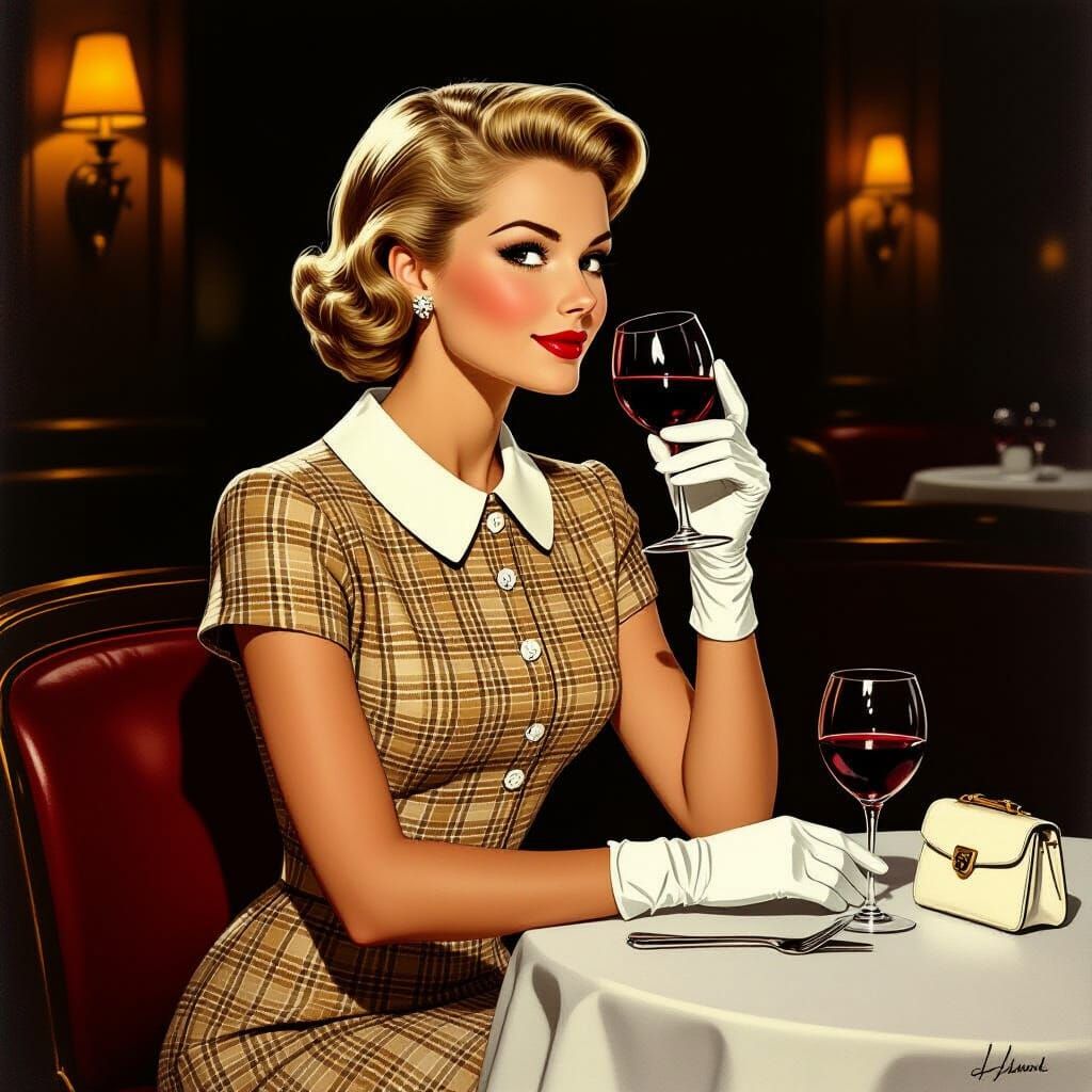 1950s Woman in Tan Tweed Dress at Restaurant
