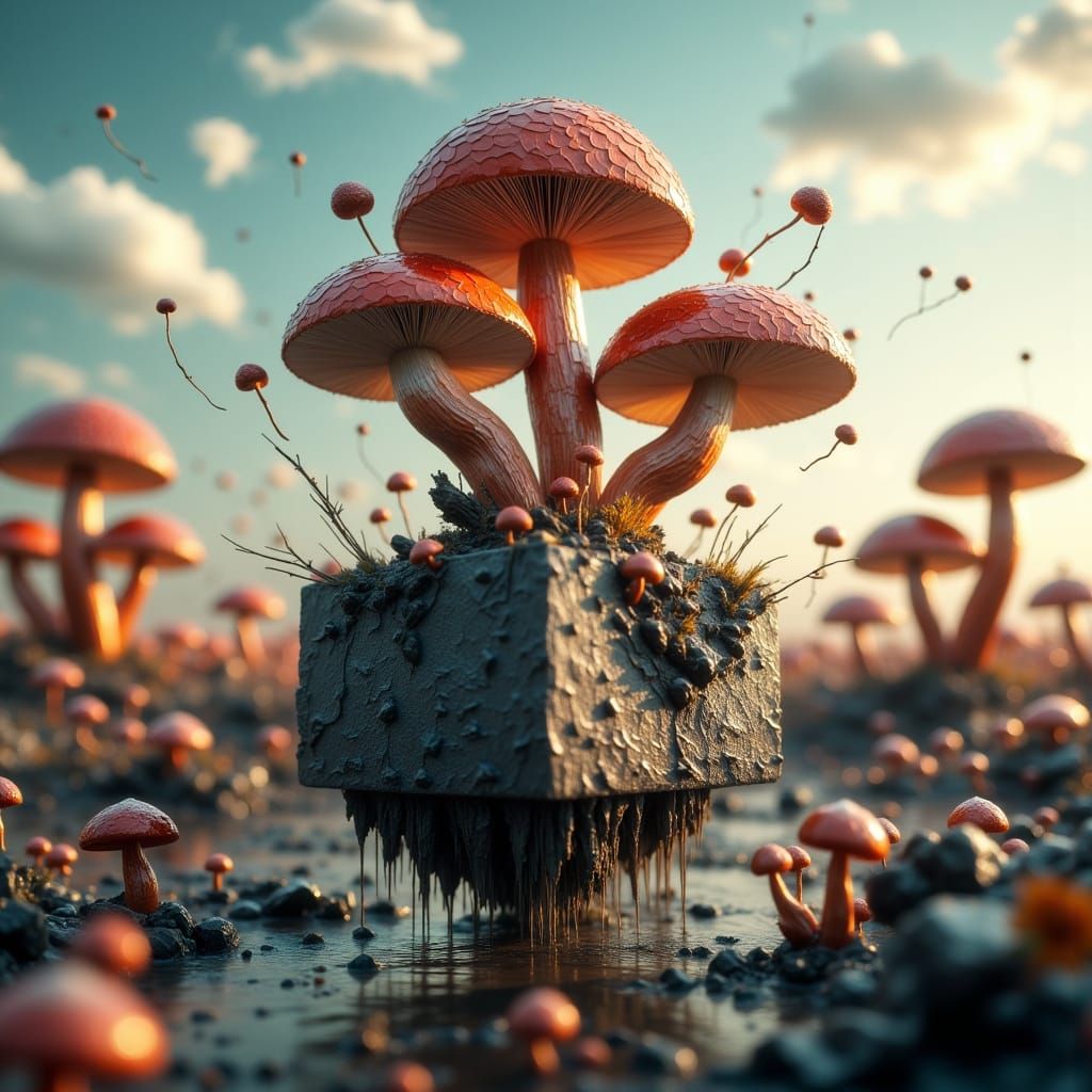Surreal Bioluminescent Mushrooms Erupting from Concrete Cube
