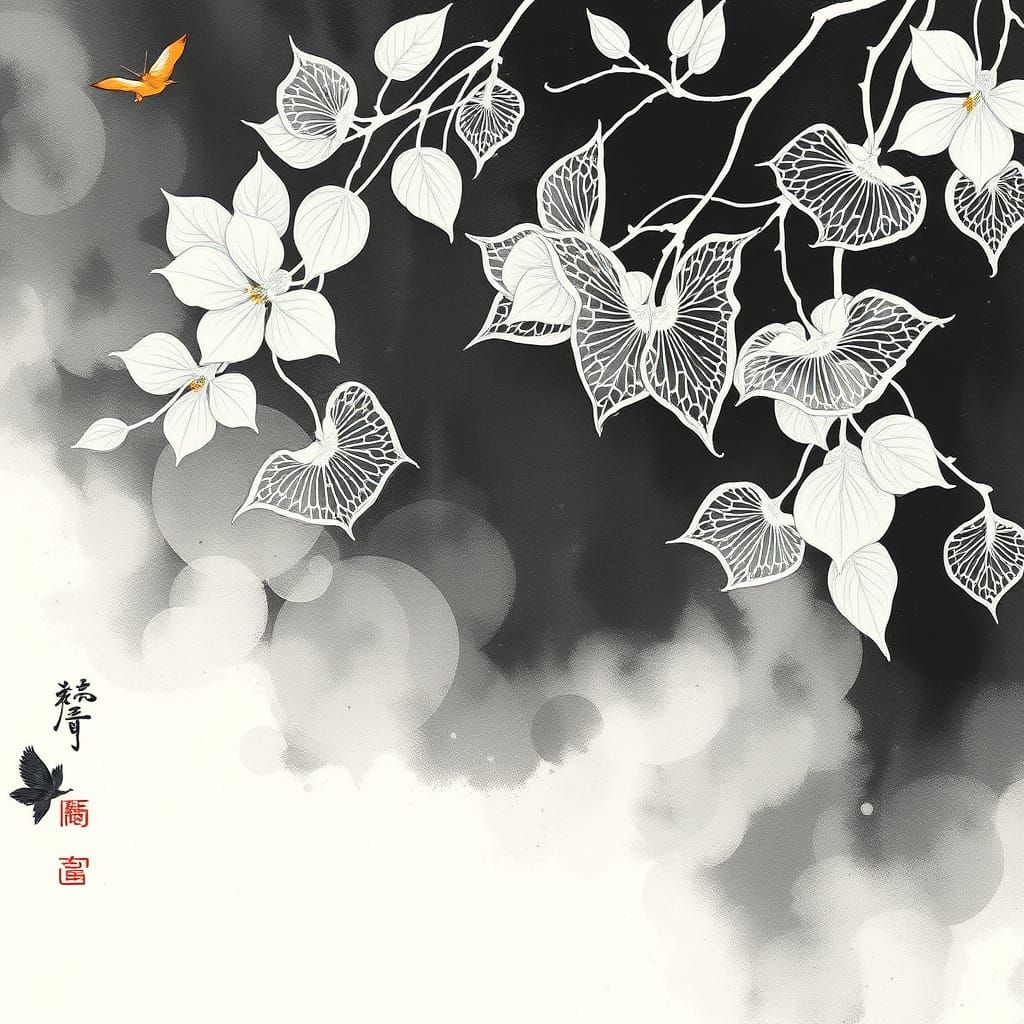 Monochrome Magic Dance in Whimsical Botanical Style