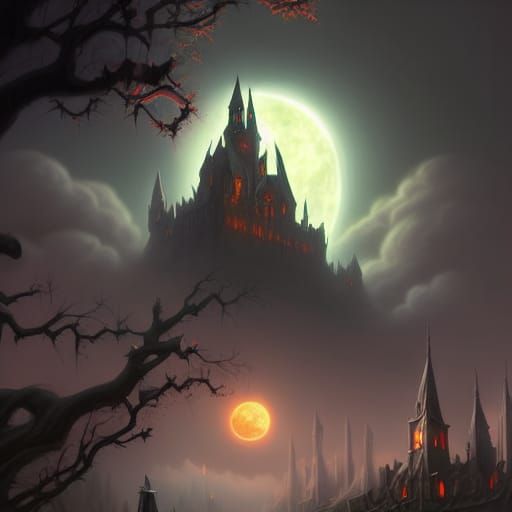 Gothic Castle Towers Over Town in Dark Fantasy Art
