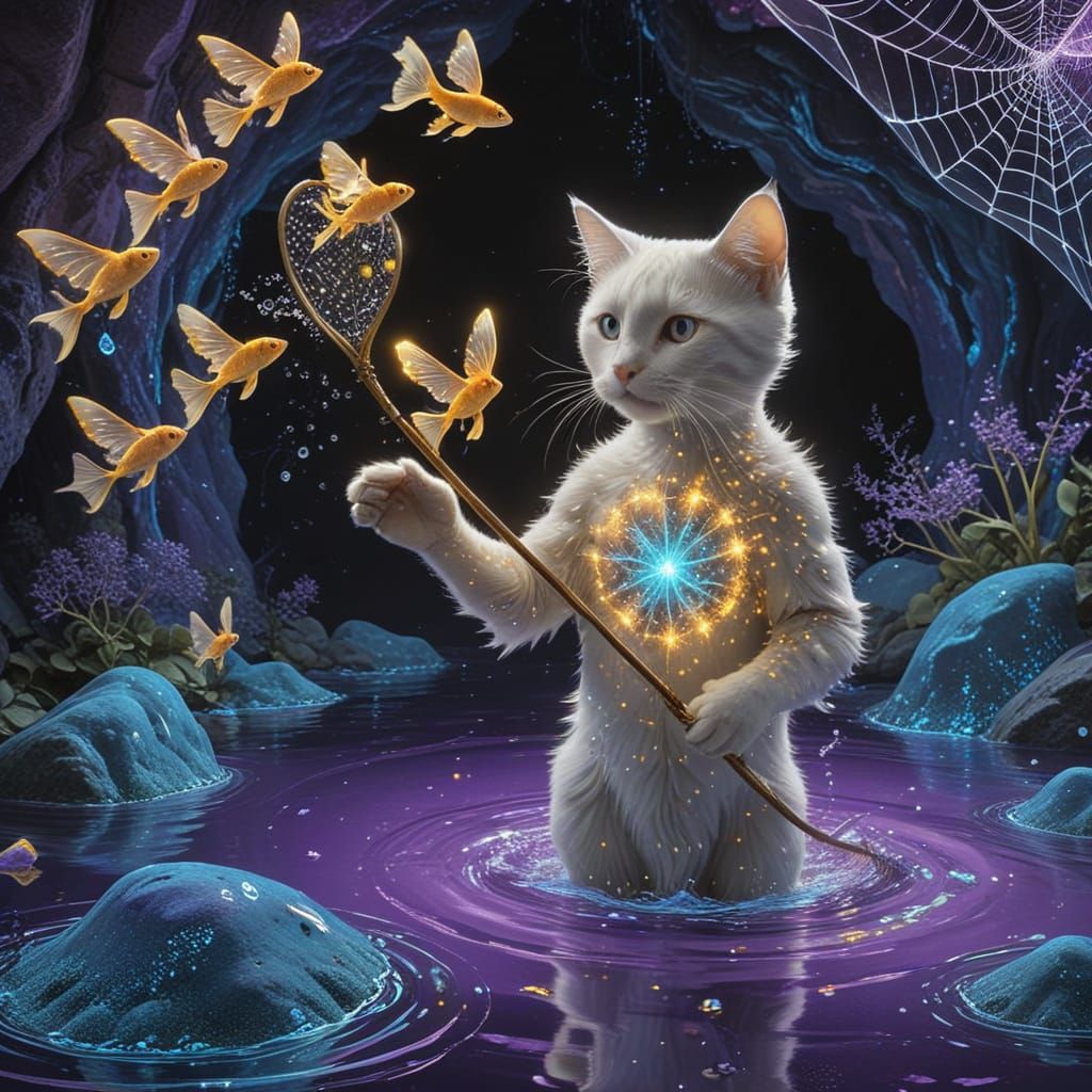 Humanoid Cat Catches Flying Goldfish in Bioluminescent Dream...