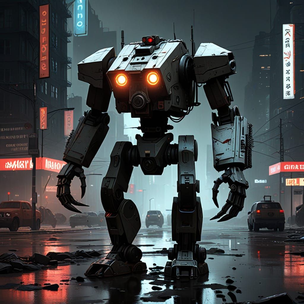 Broken Robot Stands Alone in Desolate Cityscape