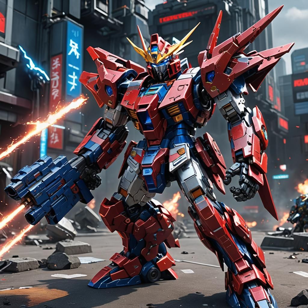 Red Gundam Dragon Mech Warrior in Quantum City