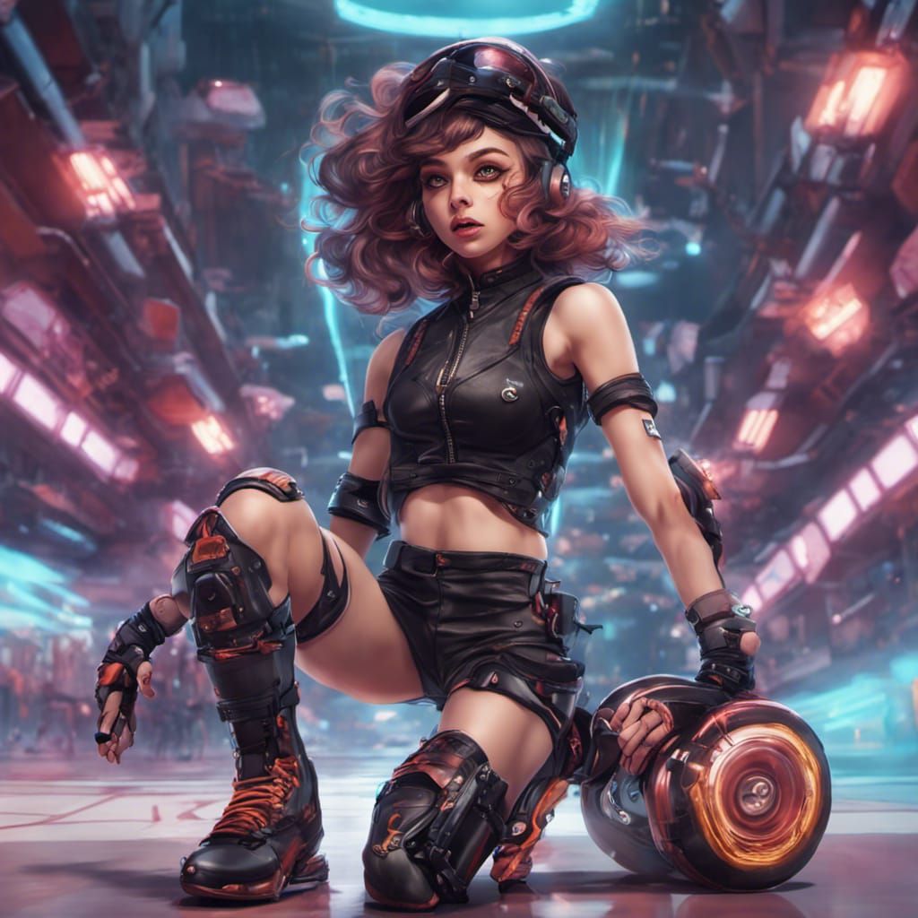 Futuristic Roller Derby Anime Girl in Sci-Fi Style