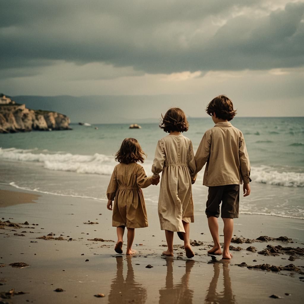 Twins Walk on Sunlit Italian Shoreline