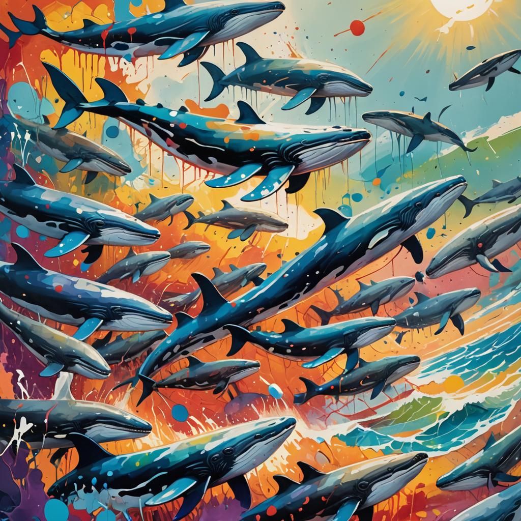 Street Art Whales and Sharks at Sunrise