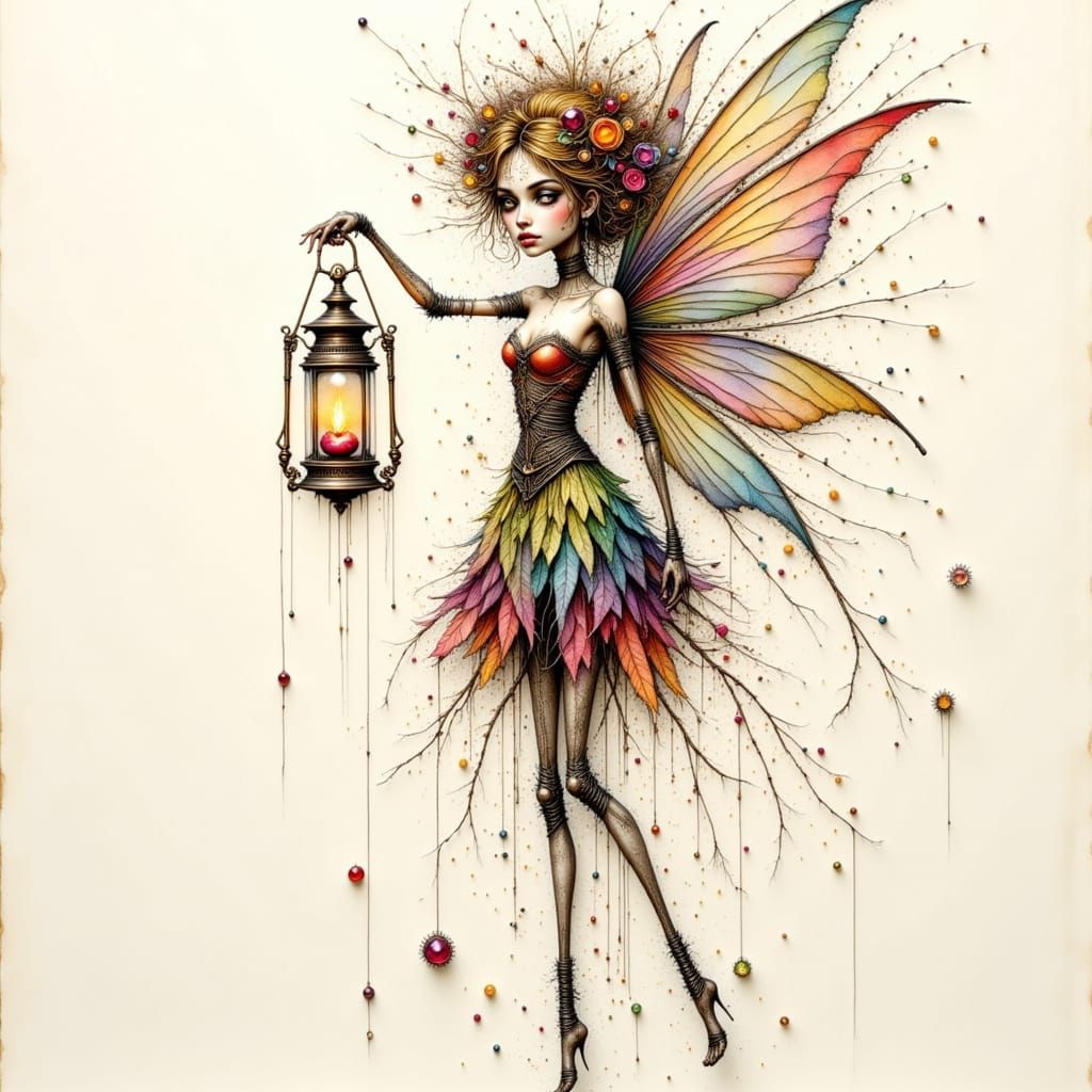 Elongated Wired Fairy Holding Fiery Lantern with Ruby Core