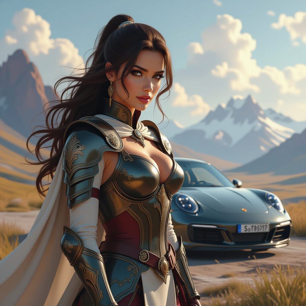 Armored Woman with Porsche in Fantasy Landscape