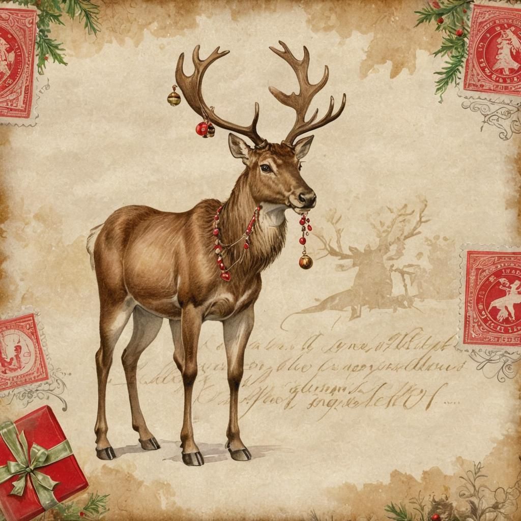 Vintage Christmas Reindeer Watercolor Painting