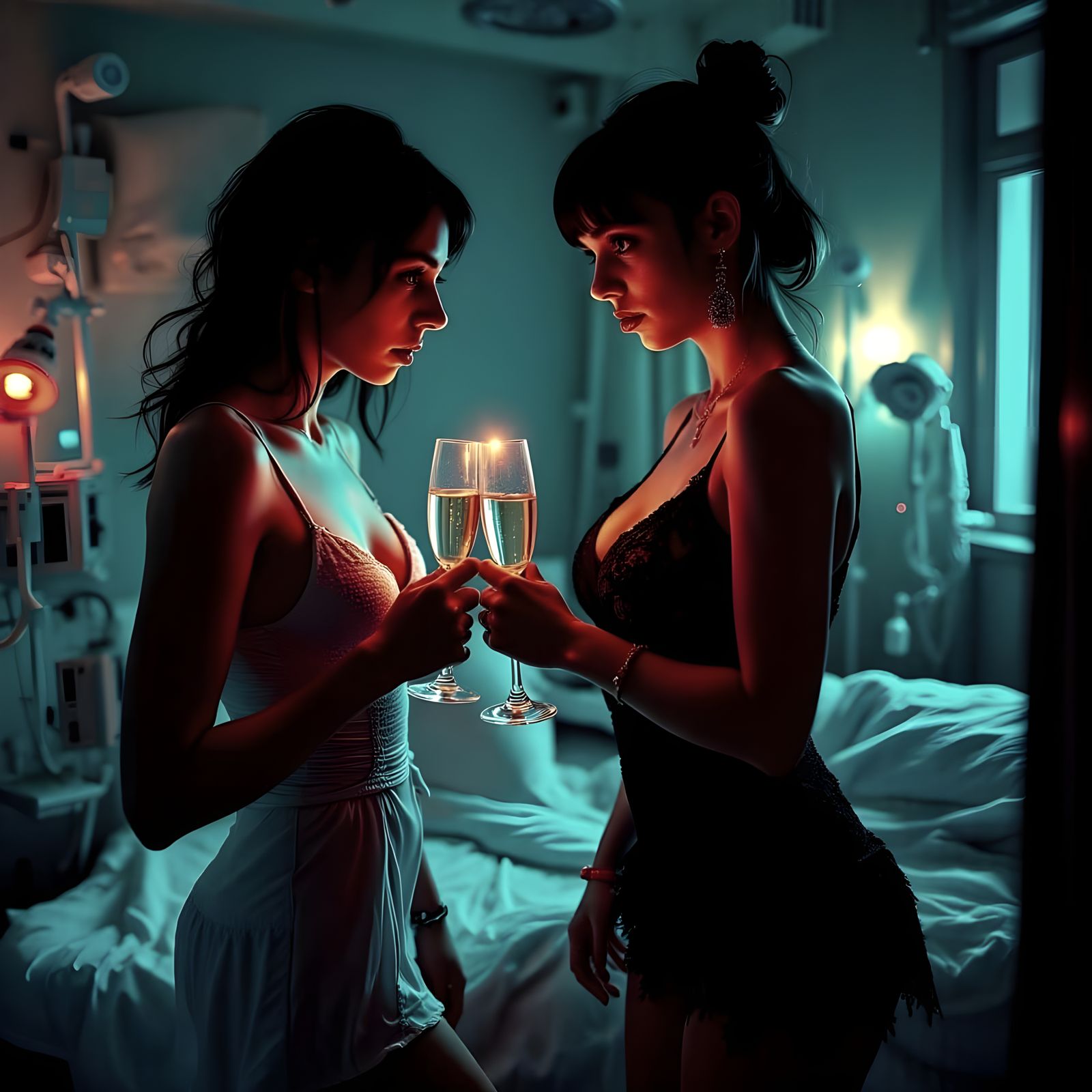 Tall Asian Woman in Dark Glamour with Boyfriend Sipping Cham...