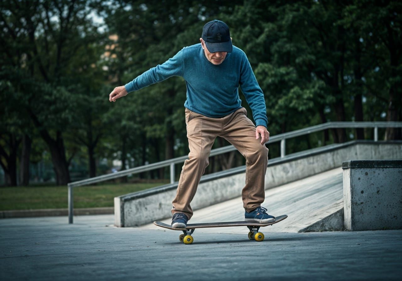 Elderly Skater Lands Tricks at Park