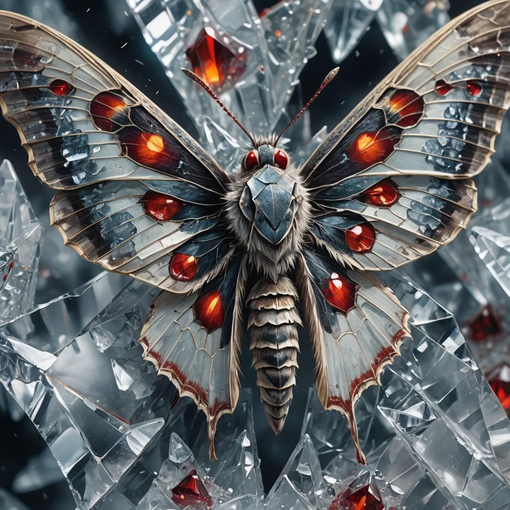 Moth with Red Eyes Perched on Ice Crystal