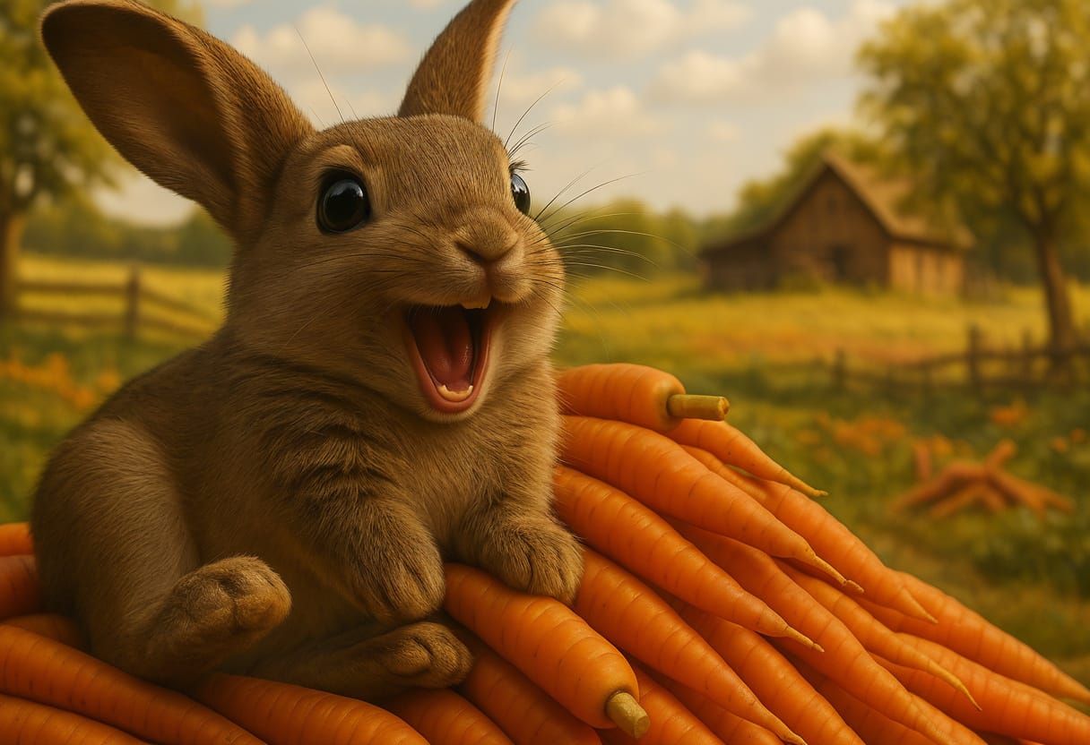 Cheerful Bunny on Carrots: Macro Photography