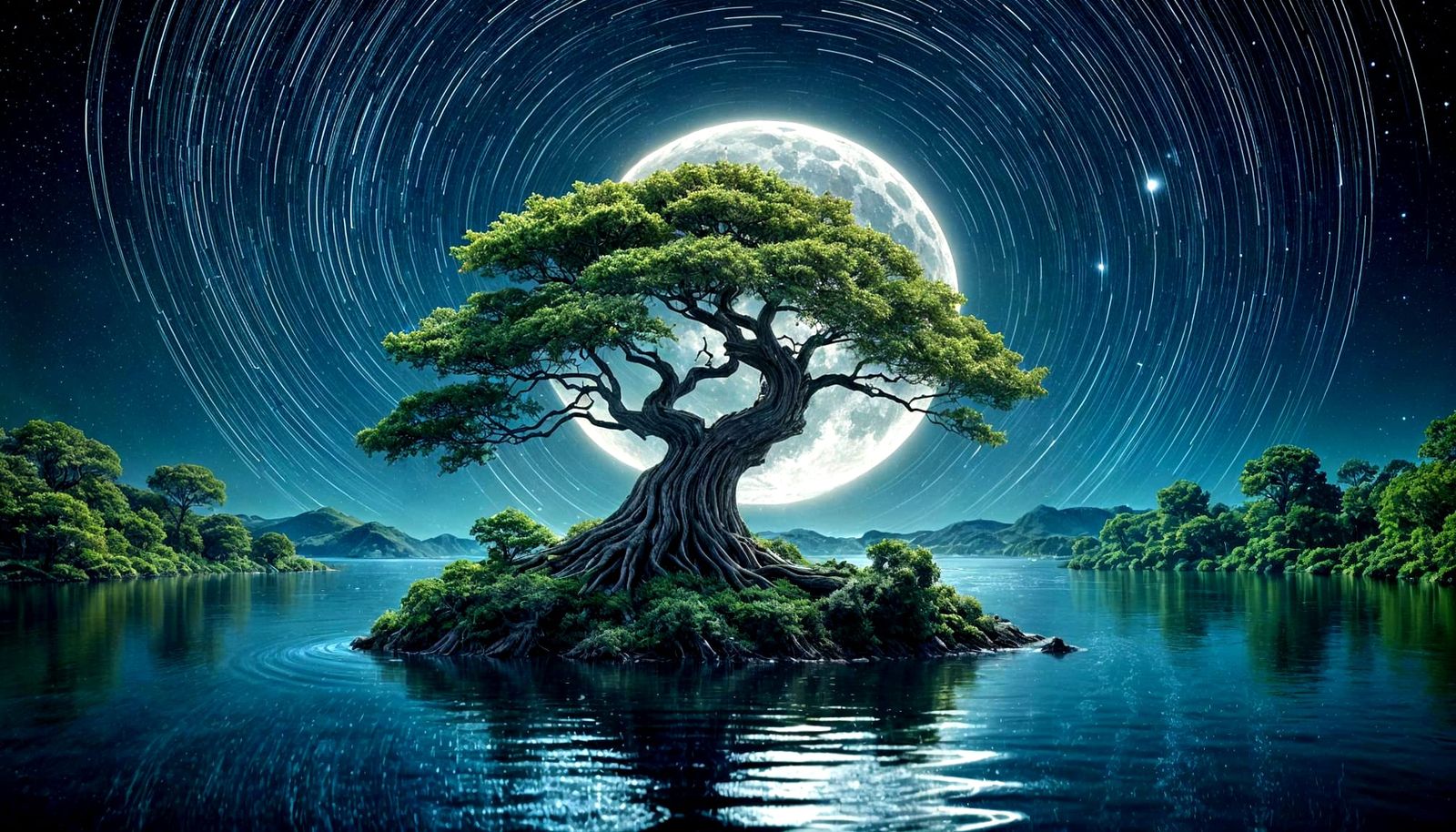 Ethereal Galaxy Eclipse with Bonsai and Bridges