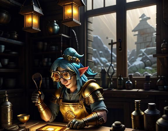 Gnome Repairing Automaton in Workshop: 3D Render