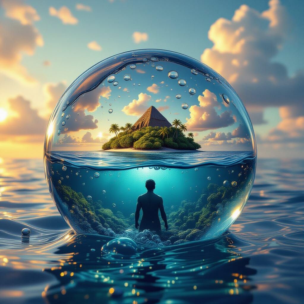 Ocean Island in Glass Orb, Splash Art Style
