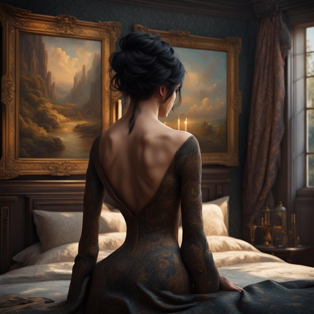 Model Undressing: Antique Oil Painting in Bedroom