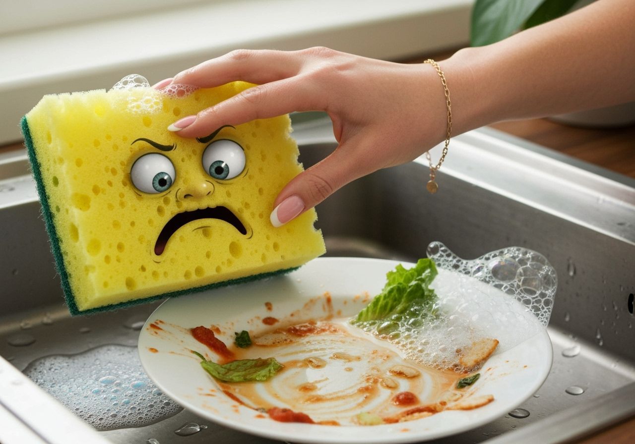 Woman's Hand Grips Grimacing Sponge in Kitchen Sink