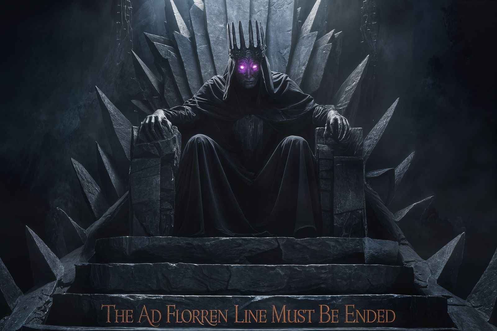 Shadowy Figure on Stone Throne with Purple Eyes
