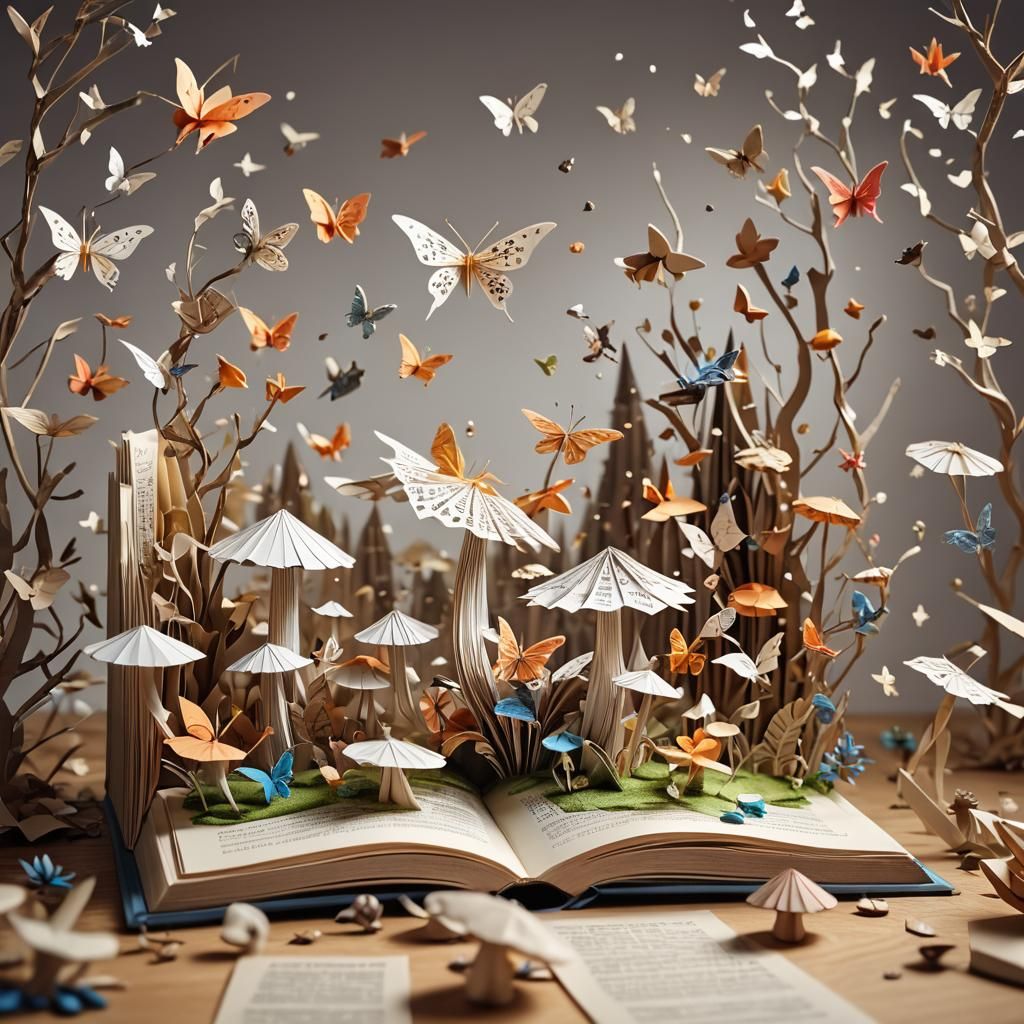 Origami Fantasy World Emerging From Book