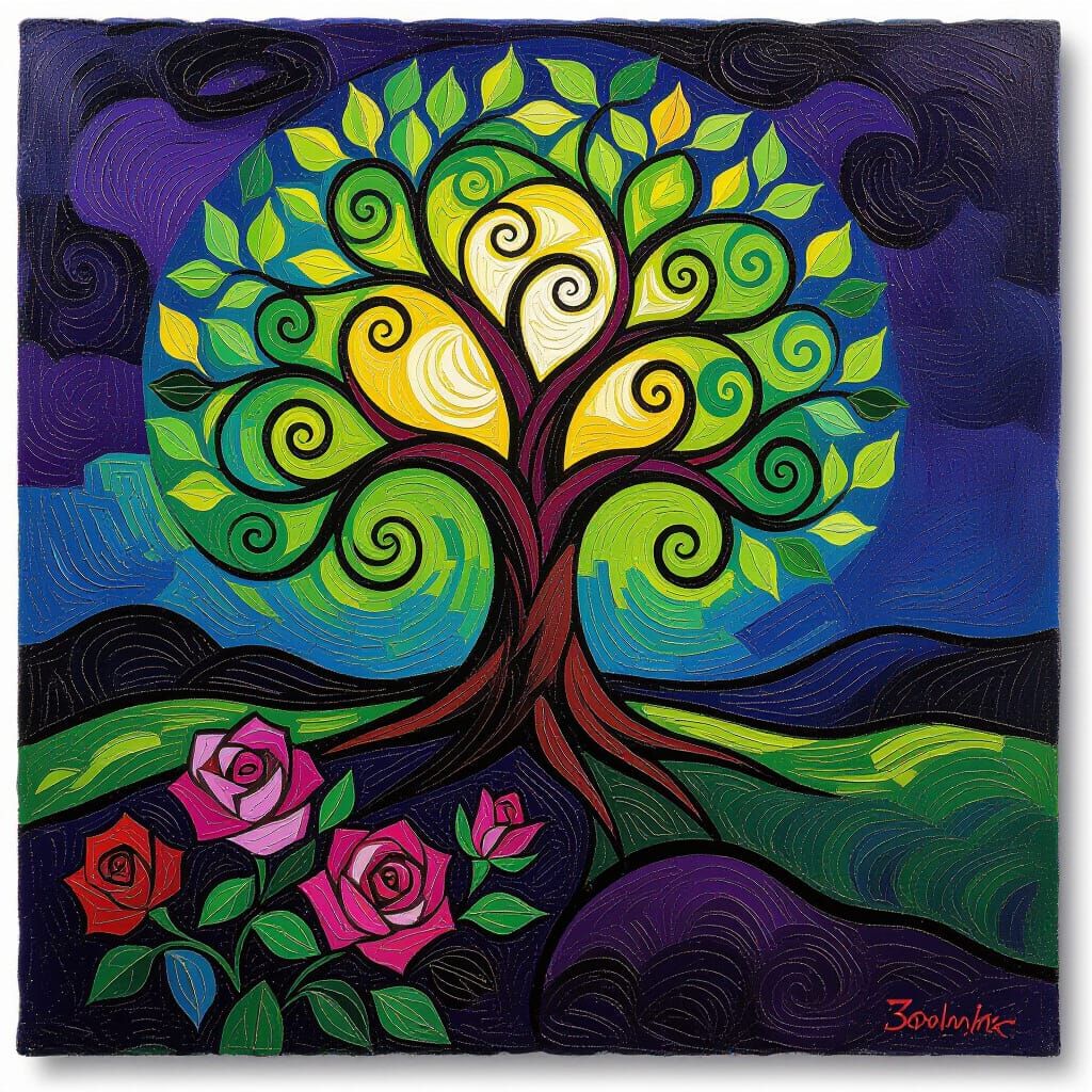 Textured Tree of Life Painting with Deep Purples and Greens