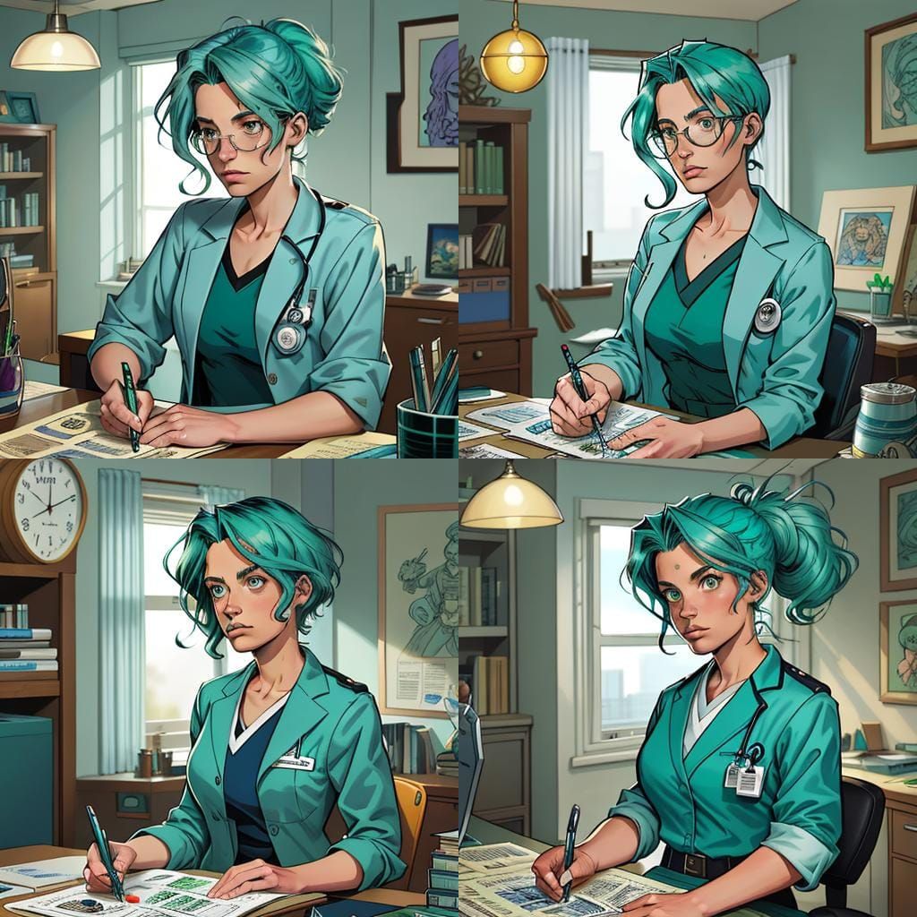 Sea Green Haired Doctor in Comic Book Style