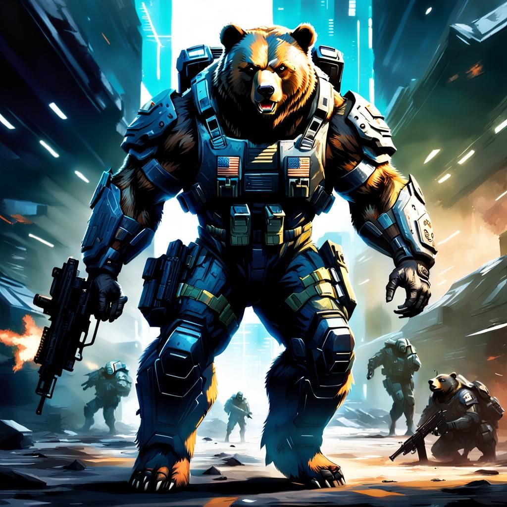 Futuristic Bear Soldier Concept Art in Anime Style
